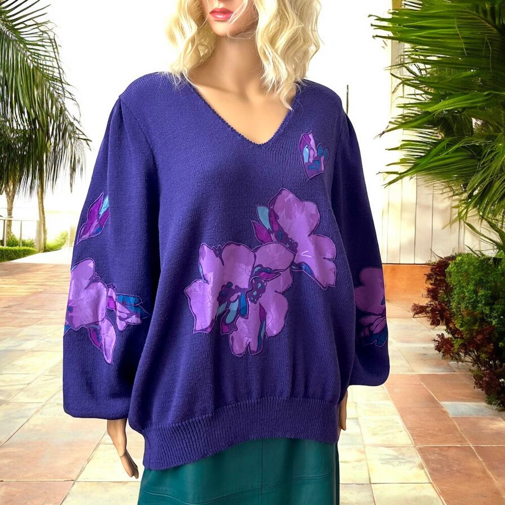 Vintage Sweater Floral Appliqué Purple Long Sleeve V-Neck Oversized Large